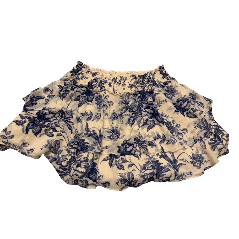 Express Blue Floral Toile Smocked Tiered Ruffle Mini Skirt XL Cream Botanical